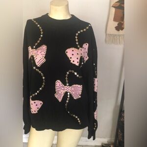 ST. JOHN Black Sweater with Pink Bow Sequined Accents Size Large